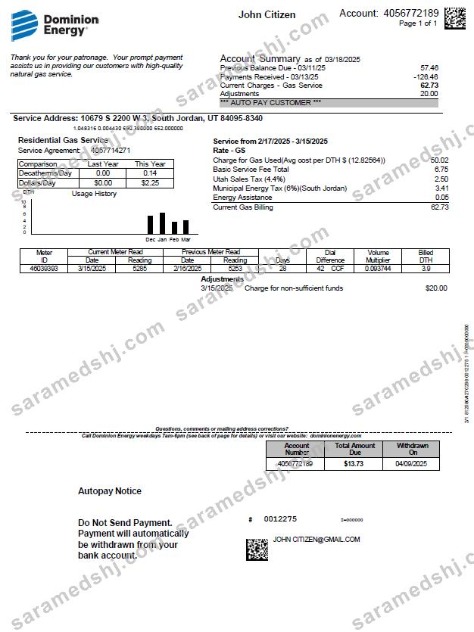 USA Dominion Energy utility bill template in Word and PDF formats, version 3